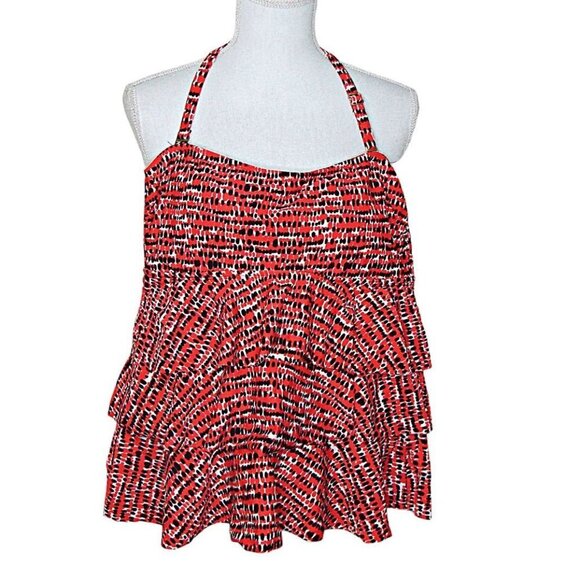 Island Escape Tier Ruffle Swimwear Tankini Top Womens Red Black Geo Print Sz 14 - Picture 1 of 12